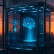 Futuristic elevator with a holographic brain, showcasing revolutionary elevator technologies against a city skyline at sunset.