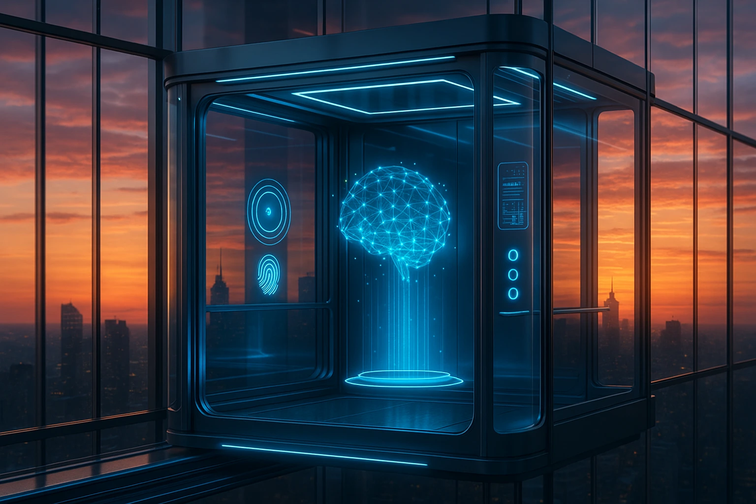 Futuristic elevator with a holographic brain, showcasing revolutionary elevator technologies against a city skyline at sunset.
