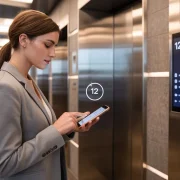 Modern woman using touchless elevator technology to effortlessly call an elevator with her smartphone in a sleek, futuristic lobby.
