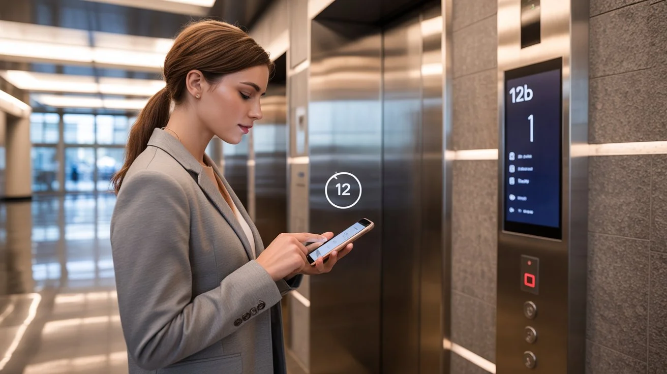 Modern woman using touchless elevator technology to effortlessly call an elevator with her smartphone in a sleek, futuristic lobby.