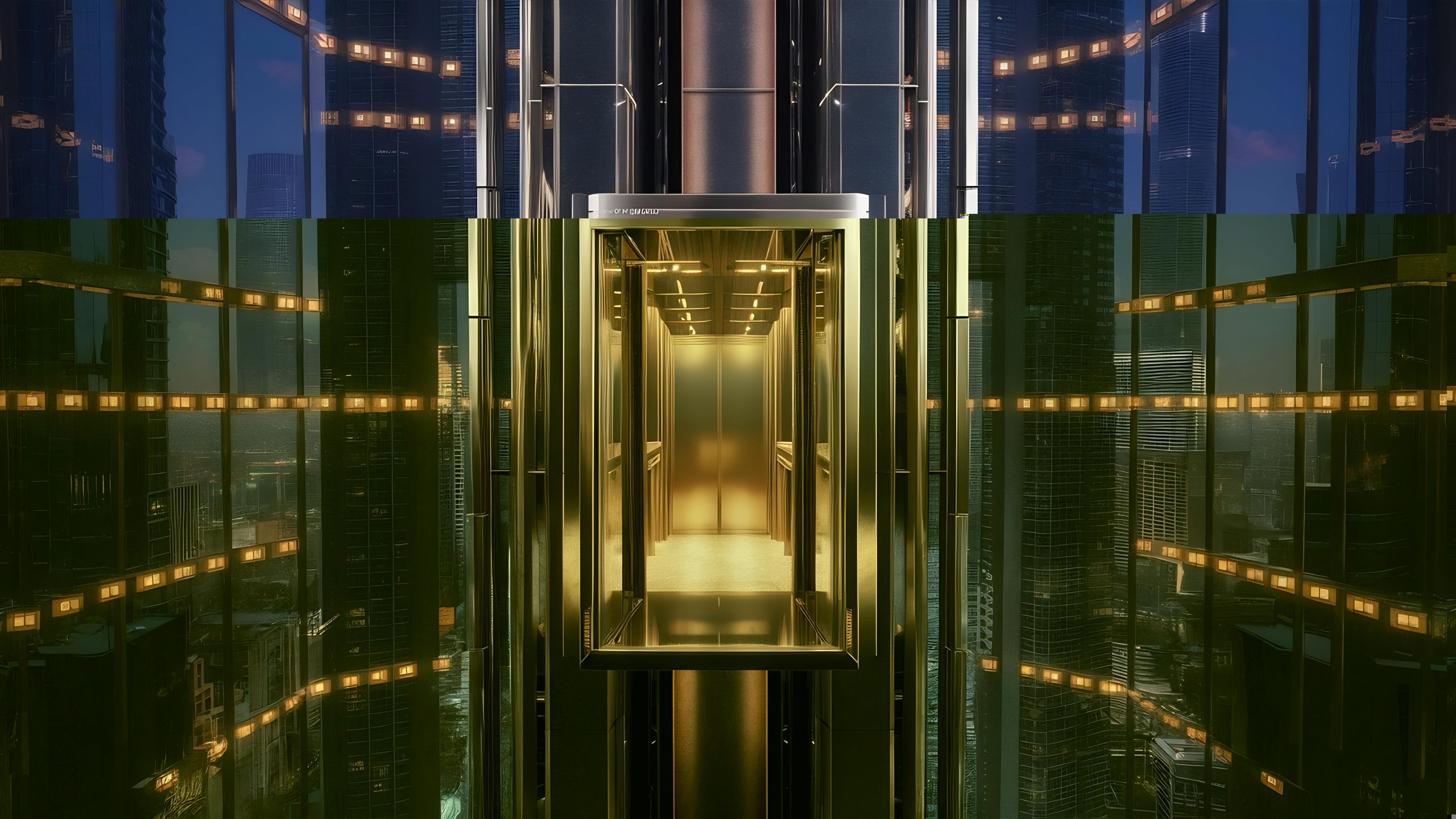 Modern glass elevator ascending through a sleek skyscraper at dusk, showcasing advanced safety and urban luxury in high-rise architecture.