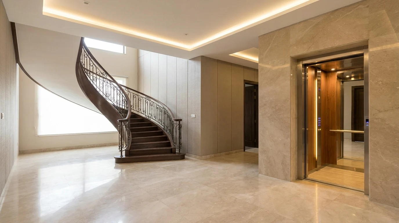 Comparison between a modern home elevator and a traditional stairlift in a Pakistani residential interior, highlighting mobility and accessibility solutions for elderly and disabled family members.