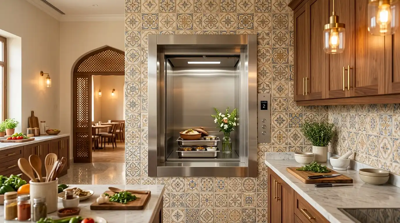 Modern stainless steel dumbwaiter lift installed in a stylish Pakistani restaurant or home kitchen, designed for convenient food and item transport between floors