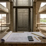 Elevator installation cost planning for residential and commercial buildings in Lahore, Pakistan, showing architectural blueprints and budget tools for home and building projects
