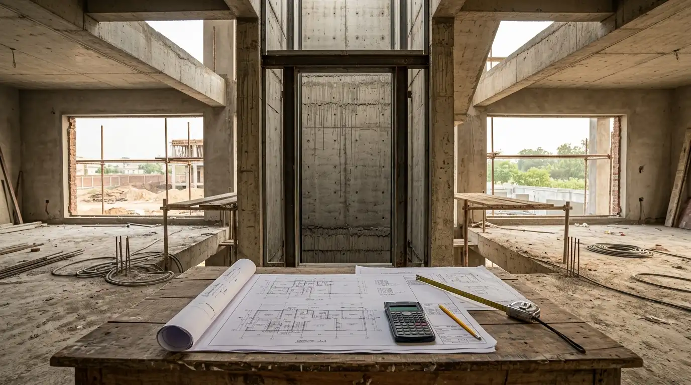 Elevator installation cost planning for residential and commercial buildings in Lahore, Pakistan, showing architectural blueprints and budget tools for home and building projects