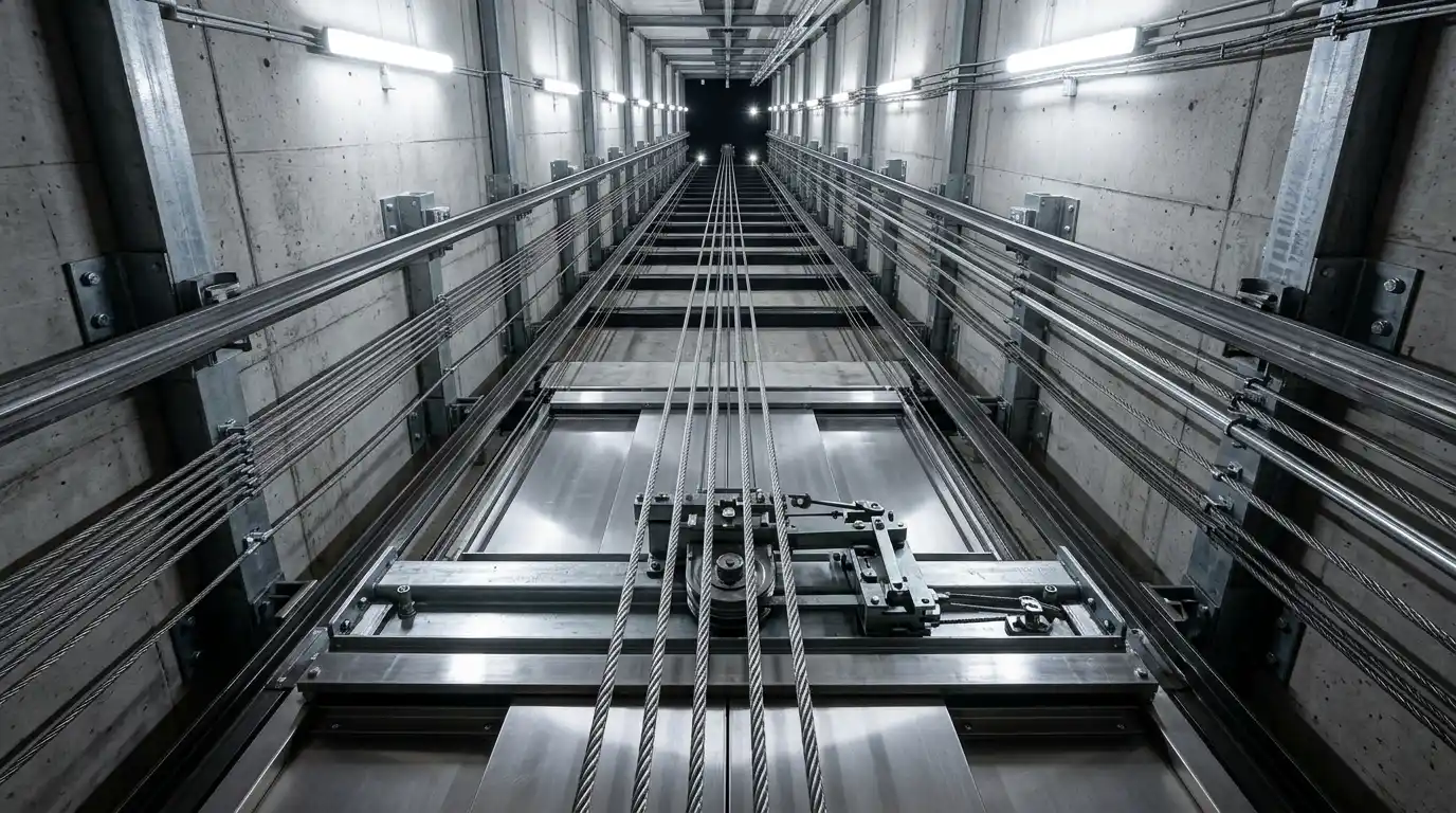 Elevator shaft safety mechanisms and steel cables in a modern high-rise building in Pakistan, representing compliance with international safety standards and building regulations