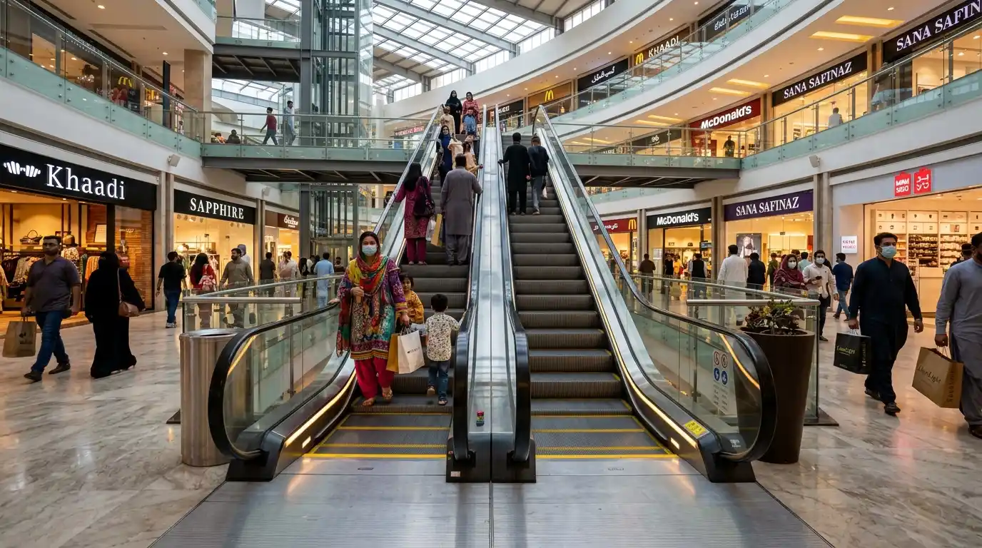 Escalator installation in a mall retail space Pakistan – Hub Elevator