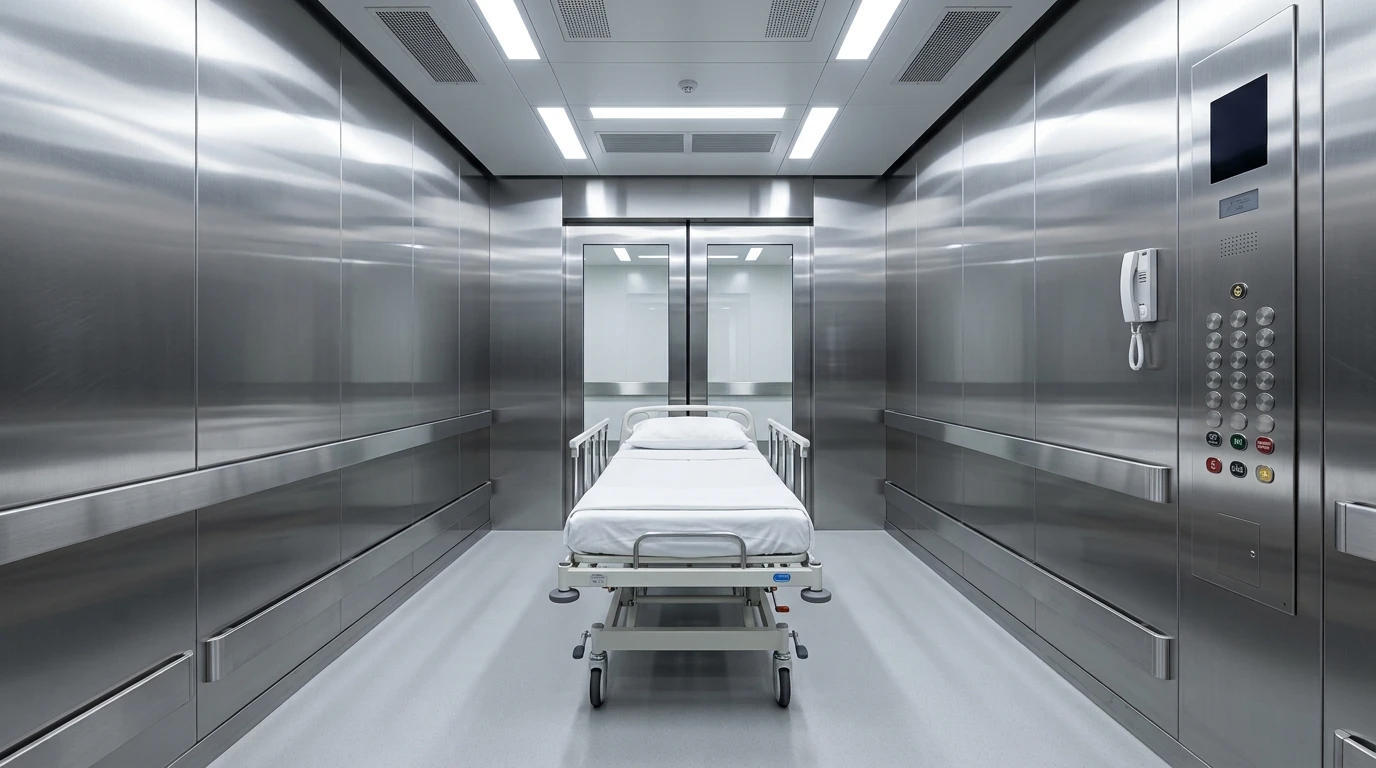 Large, specialized hospital elevator with antimicrobial stainless steel interior and wide centre-opening doors, designed for bed and stretcher transport in Pakistani medical facilities.
