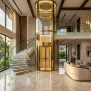 Luxurious circular panoramic glass elevator in a modern Pakistani villa, featuring a transparent glass shaft and elegant interior design for upscale residential architecture