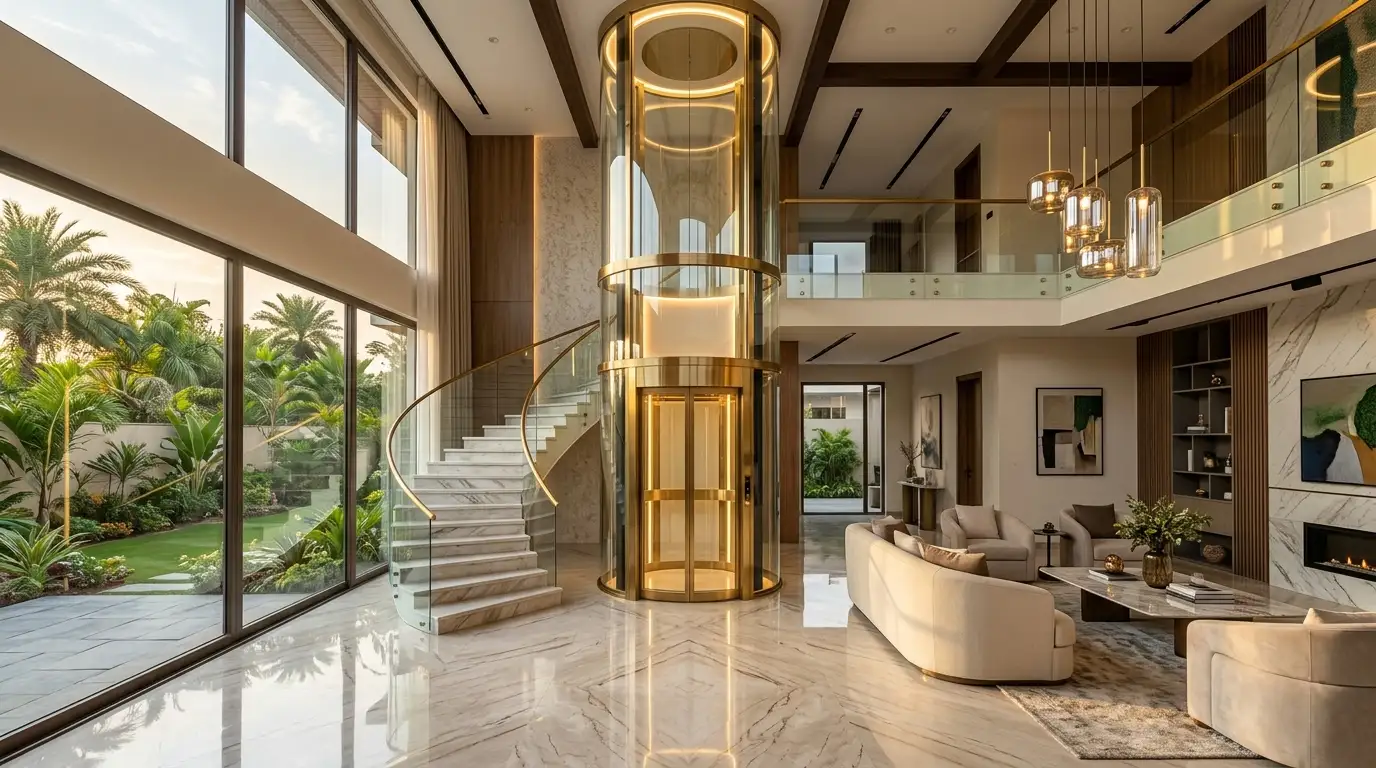 Luxurious circular panoramic glass elevator in a modern Pakistani villa, featuring a transparent glass shaft and elegant interior design for upscale residential architecture
