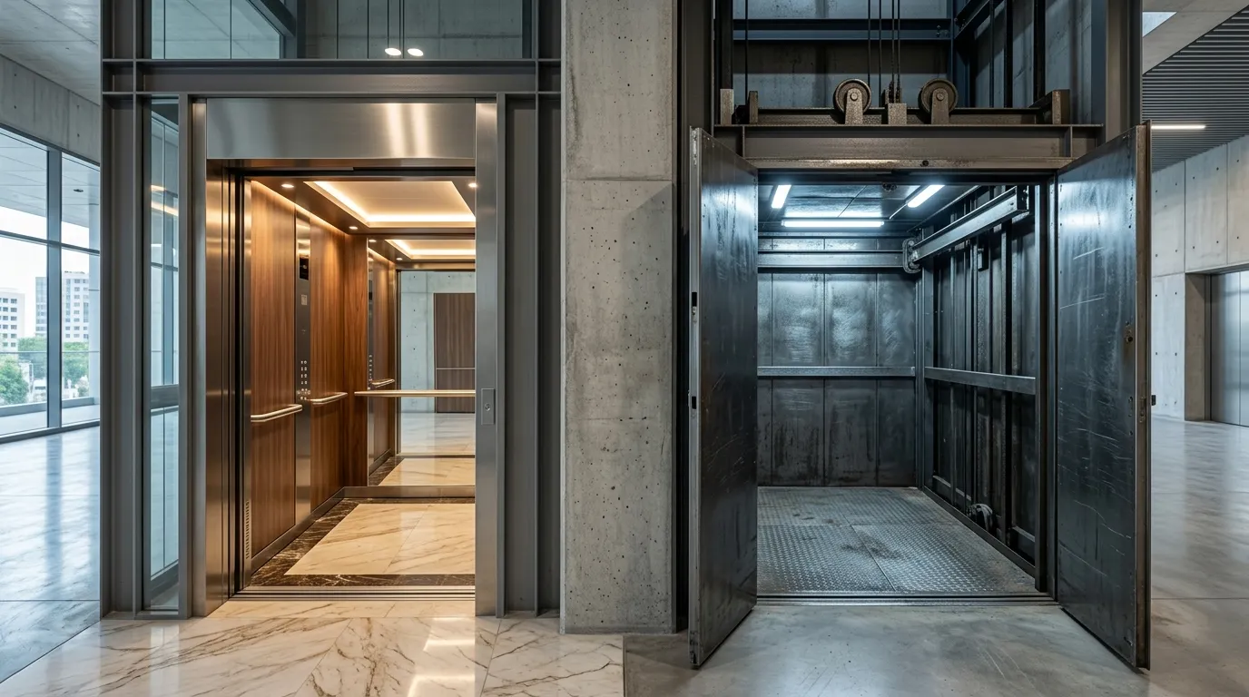 Side-by-side comparison of a passenger elevator and a cargo elevator in a commercial building in Pakistan, showing the design and structural differences between vertical transport solutions