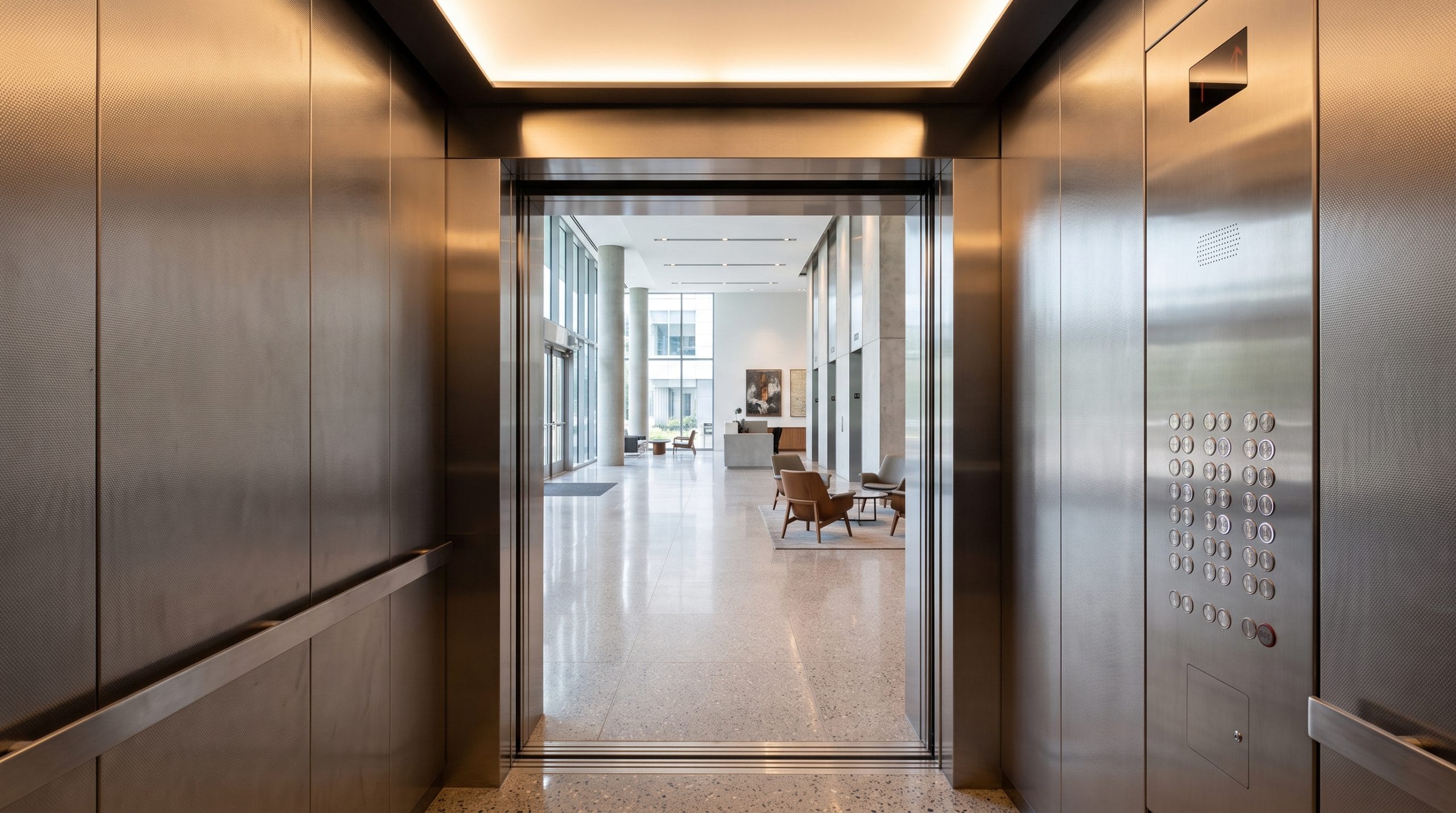 Smart elevator technology: modern elevator cabin with digital control panel and floor indicators
