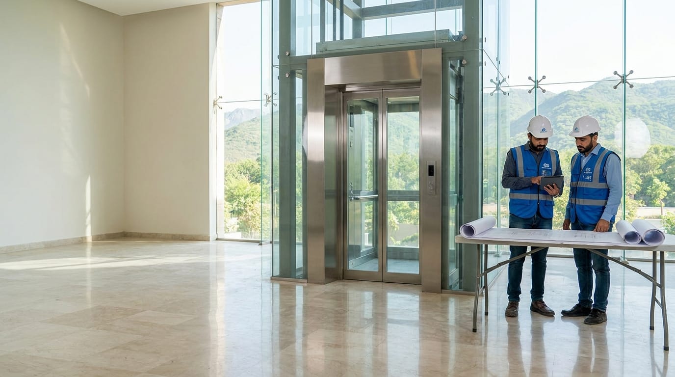 Passenger elevators Pakistan: engineers reviewing lift shaft drawings at design stage