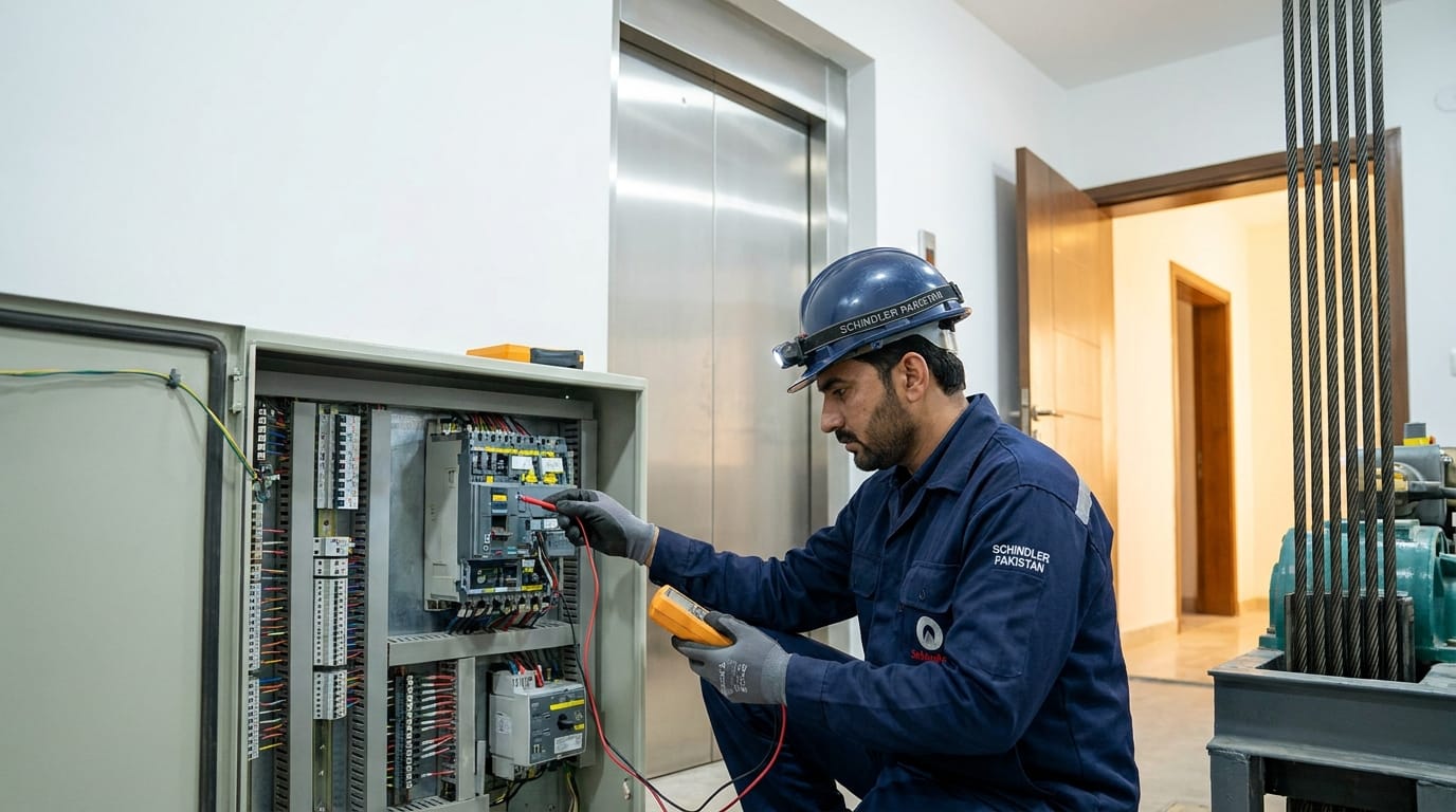 Elevator breakdown causes Pakistan: technician testing an elevator controller during preventive maintenance