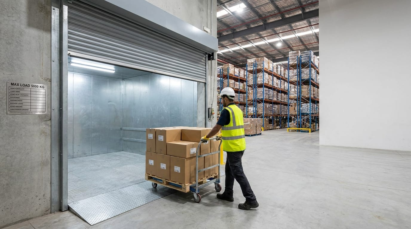 Cargo elevator Pakistan: worker loading a pallet into a heavy-duty freight lift