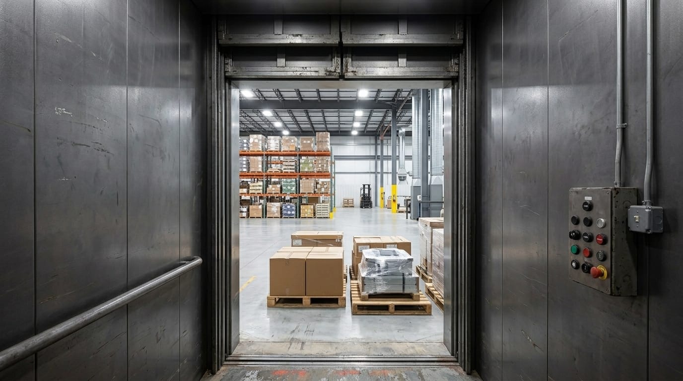 Cargo lift dealer in Lahore: heavy-duty freight elevator loaded with pallets in a warehouse